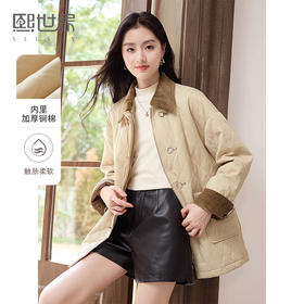  【年货节】熙世界飞机扣菱形格棉服外套女高级感灯芯绒翻领棉衣