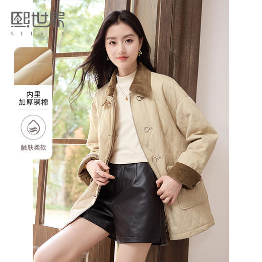  【年货节】熙世界飞机扣菱形格棉服外套女高级感灯芯绒翻领棉衣 商品图0