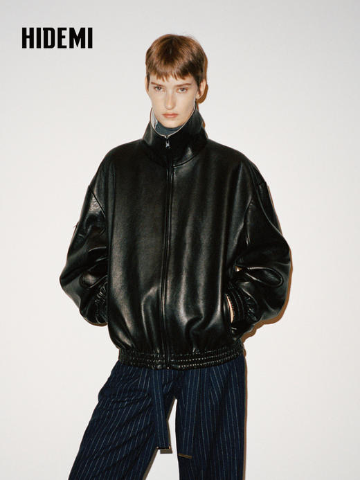 HIDEMI 进口西班牙胎羊皮极简立领短款夹克外套正反两穿廓形皮衣 商品图2