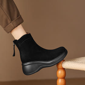 【预售5天】复古风真皮圆头厚底松糕短靴女新款百搭增高休闲马丁靴ASN&3167