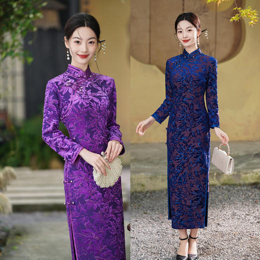 SKY 23084复古老上海丝绒提花加绒旗袍裙 商品图0