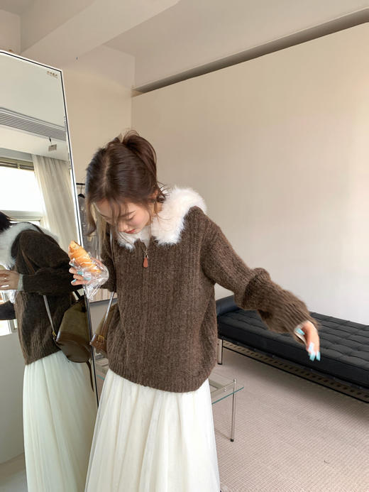 【YW】无忧购连帽毛领羊驼针织衫外套女秋冬款简约休闲开衫66179（截单后3-5天发货） 商品图3