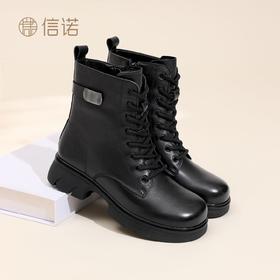信诺真皮妈妈靴女英伦风马丁靴复古短靴2025冬季新款加绒保暖皮鞋5M317-18D