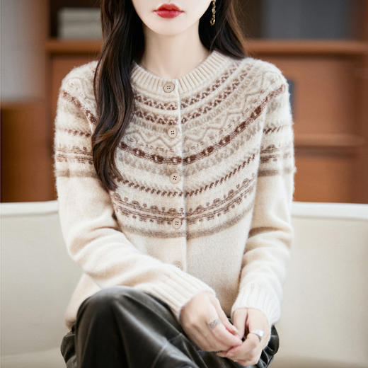 丁摩 100纯羊毛开衫女七针加厚圆领宽松毛衣398 商品图1