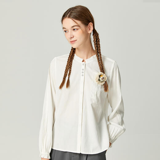 Famecoco范可儿优雅花边长袖白衬衫天丝仙女上衣超仙F225BH009 商品图1