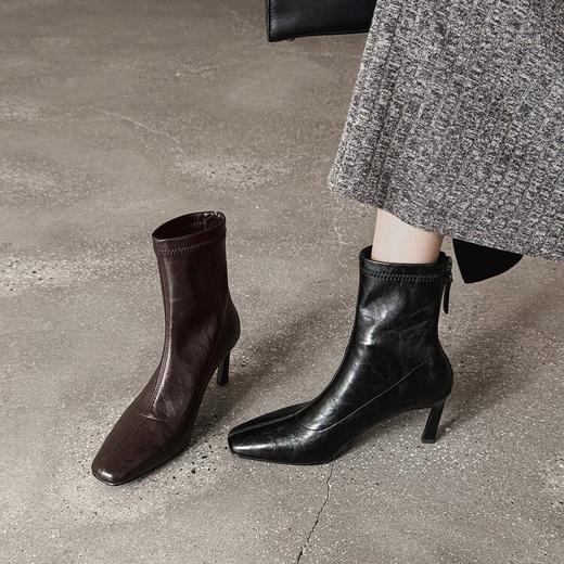 【预售5天】秋冬季法式复古高细跟瘦瘦短靴女棕色方头弹力后拉链名媛范DYJ&CX8214-1 商品图3