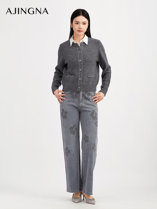 【商场同款】阿菁娜秋季新款艺术感牛仔阔腿裤水洗印花肌理面料慵懒优雅软弹有型A30Q210031 商品图1