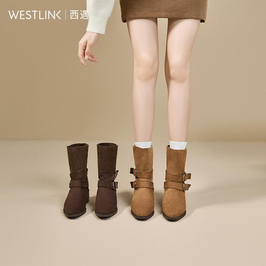 西遇美拉德短靴女新款秋冬两穿堆堆靴棕色尖头粗跟西部牛仔靴V2257292 商品图0