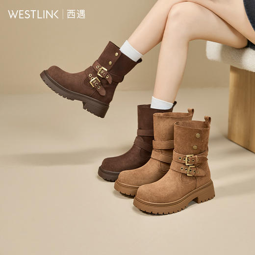 西遇厚底美拉德短靴女新款秋冬两穿翻筒绒面西部牛仔靴马丁靴V2157195 商品图0