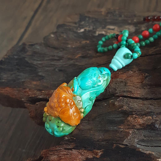 【天然正品】天然原矿高瓷高蓝锦鲤戏莲（好运连连）绿松石吊坠项链46.1*20.8*14.6MM（皆取最大值）中性271025NJM09 商品图3