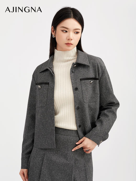 【商场同款】阿菁娜秋季新款星屑灰编织夹克微落肩宽松版型翻领设胸斗口细节A30Q107011 商品图2