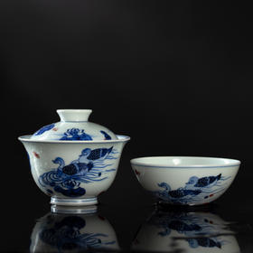 歳合山房俞强款青花釉里红戏荷之鸭二才盖碗