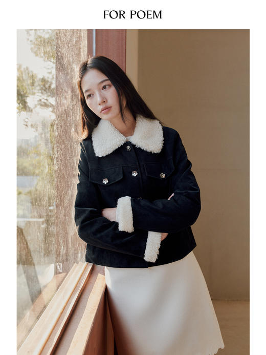 ForPoem 现货 25/FW原创设计花朵扣麂皮羊驼羊毛领子休闲短款棉服外套 商品图3