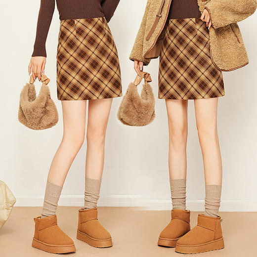 YM 6985-45时髦洋气毛呢格子短裙韩版高腰显瘦包臀短裙 商品图1