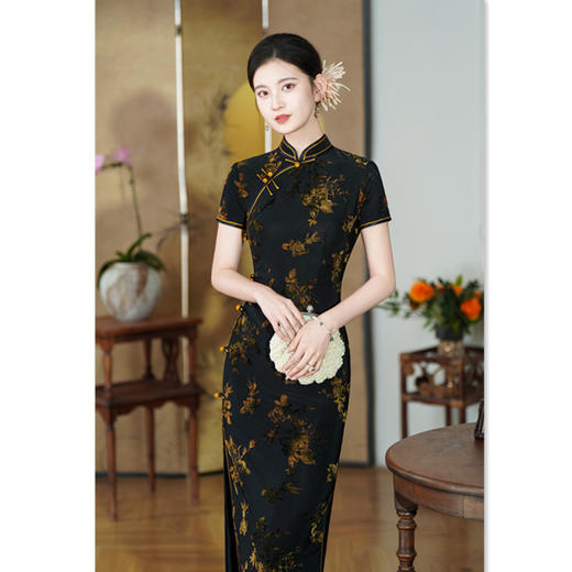 老上海复古中国风冰花绒长款感婚宴旗袍2025初秋新款大码旗袍66943 商品图0