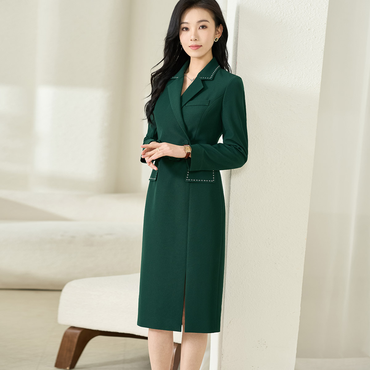 知性通勤气质墨绿色修身西装连衣裙5X23CL0905