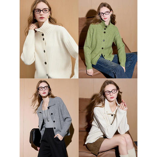 三彩2025冬季新款休闲立领针织衫长袖开衫宽松纯色显瘦简约M 商品图2