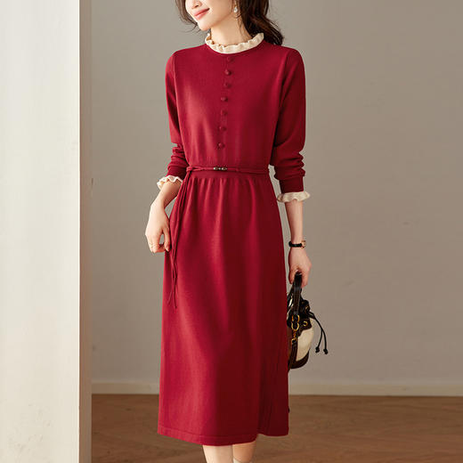 CC 8945木耳边连衣裙气质显瘦收腰毛衣裙 商品图1