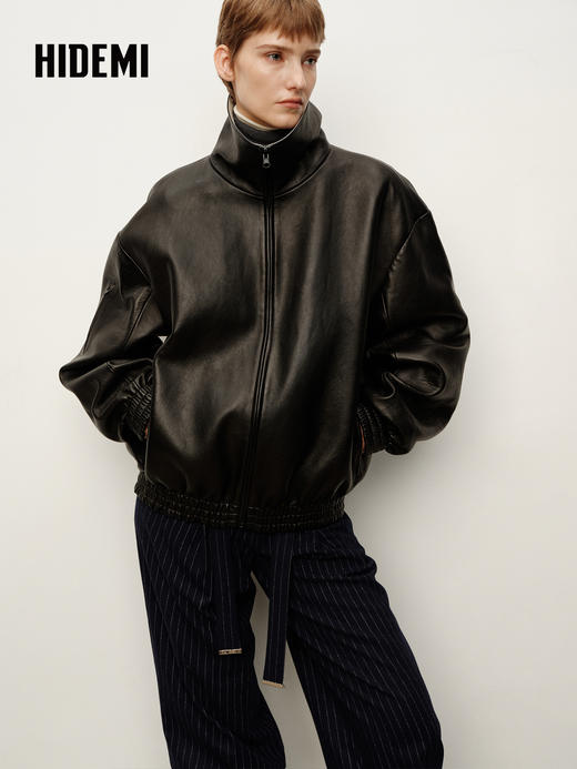 HIDEMI 进口西班牙胎羊皮极简立领短款夹克外套正反两穿廓形皮衣 商品图3