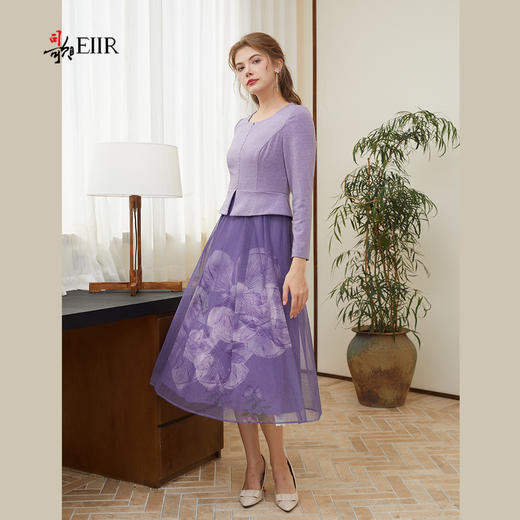 司歌假两件拼接长袖圆领印花压褶连衣裙秋冬A921118X 商品图3