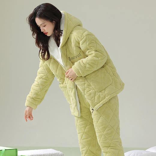 芬腾情侣睡衣冬季珊瑚绒三层加厚夹棉袄套装男女士抗菌防螨家居服 商品图1