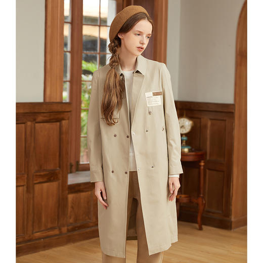 Famecoco范可儿卡其色女士风衣秋季纯棉长款外套高级气质F225AV002 商品图0