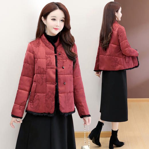QYM 7258033-Y时尚印花棉袄毛边拼结中式国风复古棉袄外套 商品图2