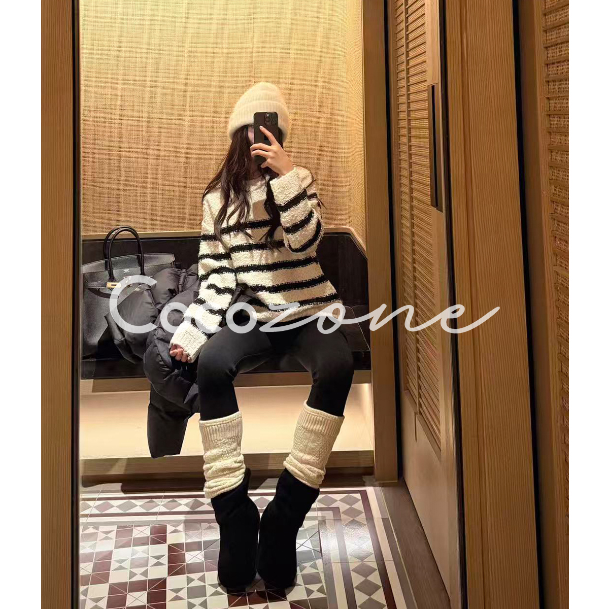 COCO ZONE 刘 一一 【绵羊毛莱赛尔混纺】圆领条纹毛衣 CD2A3014