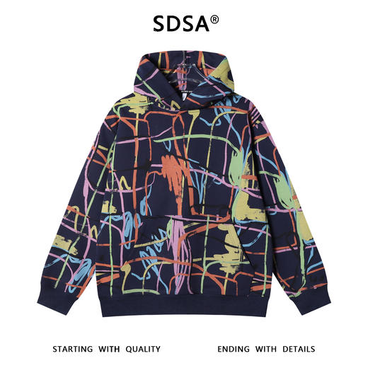 SDSA男士秋冬新款痞帅男装潮牌凌乱线条撞色连帽卫衣百搭时尚上衣 商品图1