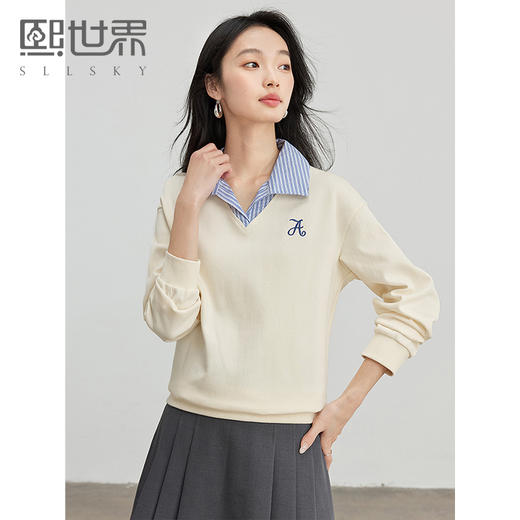 【年终特卖】熙世界时髦假两件衬衫领卫衣宽松套头长袖上衣 商品图0