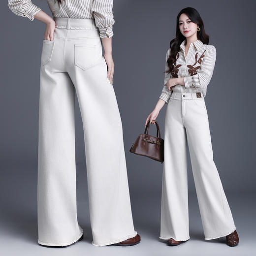 YM 9843毛边拼接时髦减龄牛仔阔腿裤加绒保暖高腰垂感裤 商品图3