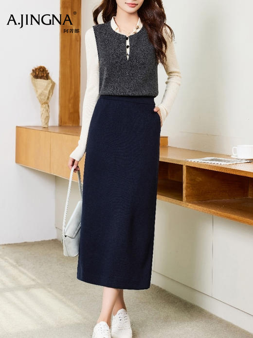 【桑蚕骆驼绒】阿菁娜秋季新款桑蚕骆驼绒半身裙后松紧腰微A版型侧插兜设计F30D213010 商品图1