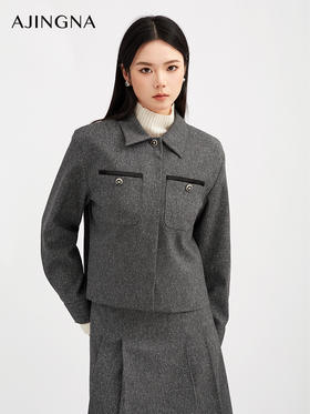 【商场同款】阿菁娜秋季新款星屑灰编织夹克微落肩宽松版型翻领设胸斗口细节A30Q107011