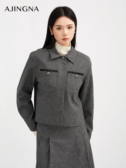 【商场同款】阿菁娜秋季新款星屑灰编织夹克微落肩宽松版型翻领设胸斗口细节A30Q107011 商品图0