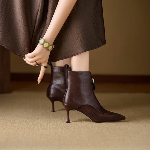 【预售5天】复古瘦瘦靴尖头高跟短靴真皮拼接前拉链舒适女鞋巨好看美拉德靴子XKDY&x8666 商品图1