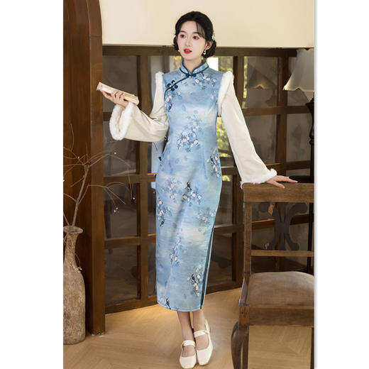 SKY 3125212印花缎加绒加厚时尚拼接改良新中式日常旗袍 商品图0