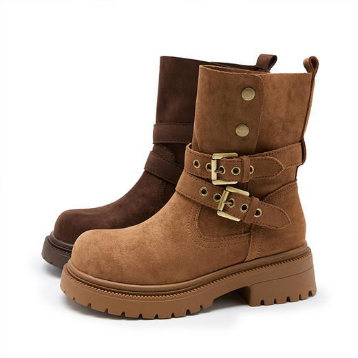 西遇厚底美拉德短靴女新款秋冬两穿翻筒绒面西部牛仔靴马丁靴V2157195 商品图4