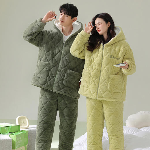 芬腾情侣睡衣冬季珊瑚绒三层加厚夹棉袄套装男女士抗菌防螨家居服 商品图3