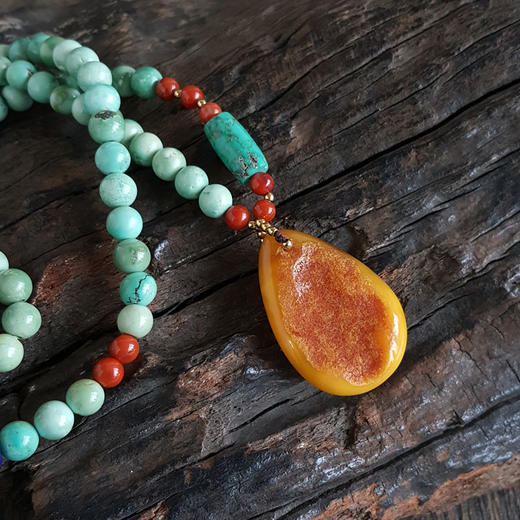 【天然正品】天然原矿高瓷蓝绿约6.6MM绿松石玛瑙珠串配鸡油黄蜜蜡吊坠项链33.3*23.6*7.6MM（皆取最大值）链长：35CM中性271025NJM10 商品图5