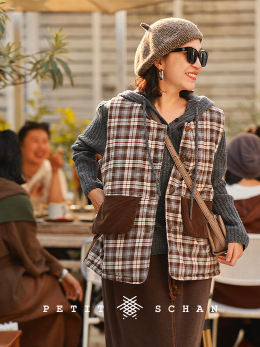 PETIT SCHAN小闪 CLO#947 Cherishing Time 拾光 高支磨毛新疆长绒棉格纹骆驼绒骆驼毛马甲 商品图0