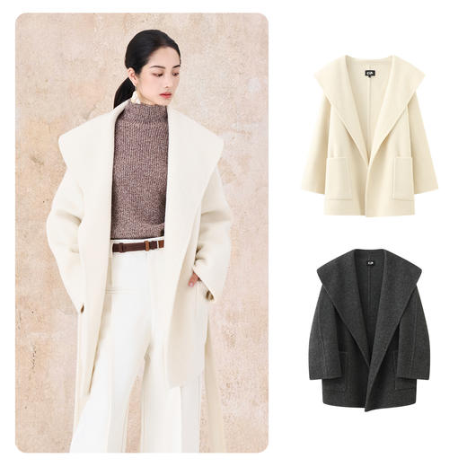 【市野织间】女士大翻领长毛双面呢大衣  绵羊毛与牦牛绒混纺 商品图0