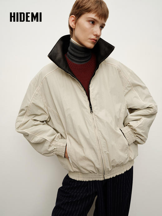 HIDEMI 进口西班牙胎羊皮极简立领短款夹克外套正反两穿廓形皮衣 商品图5