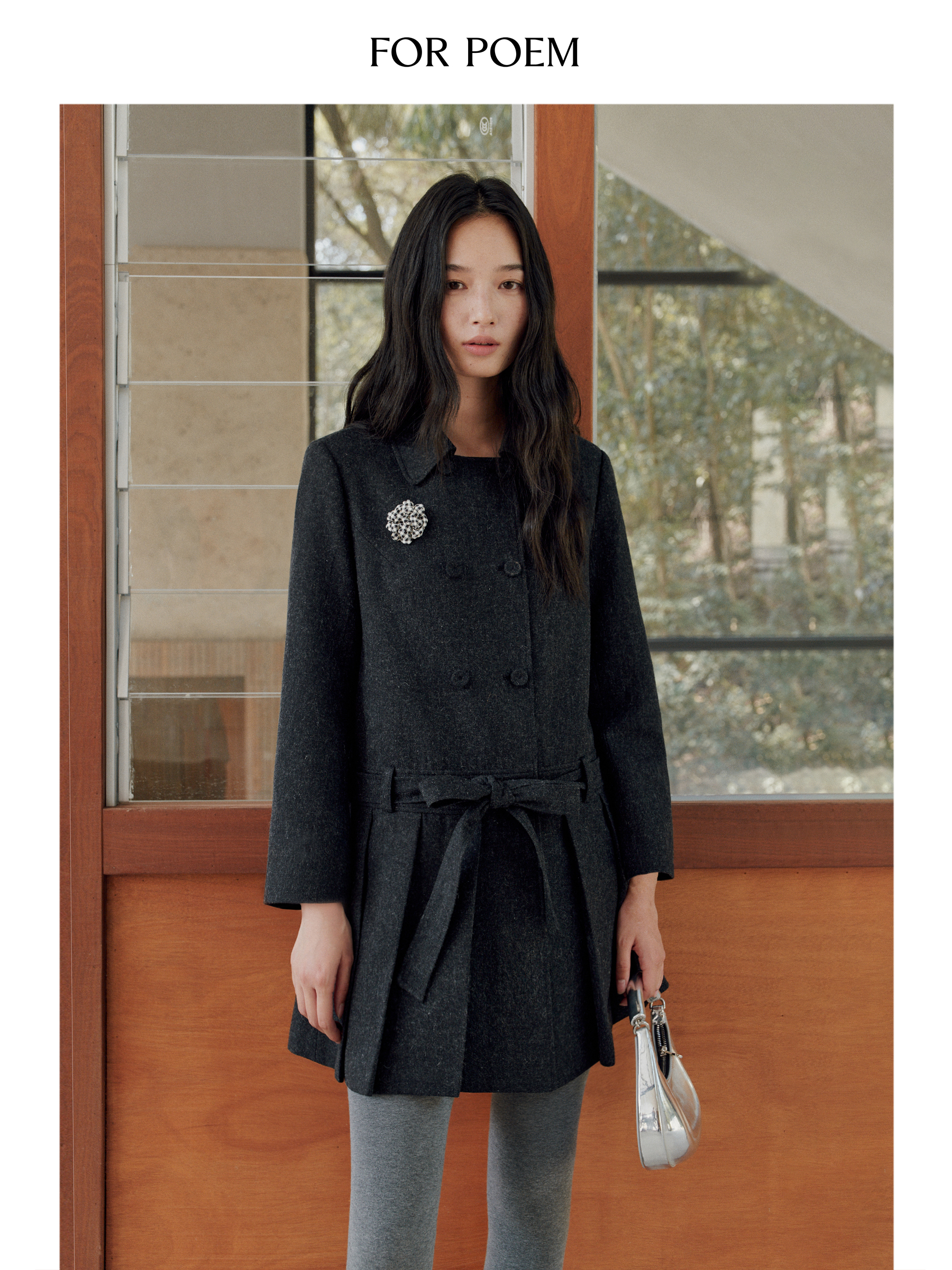 ForPoem 现货 25/FW原创设计小众羊毛混纺百褶深灰九分袖连衣裙外套