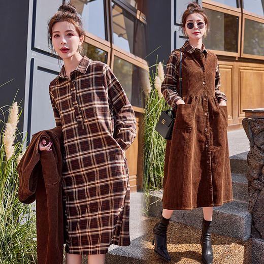 美拉德灯芯绒马甲连衣裙套装女2025年春季新款格子时尚高档两件套 商品图1
