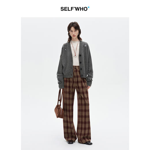 SELFWHO复古红咖色格纹休闲裤女2025冬新款宽松抽绳松紧腰直筒裤 商品图2