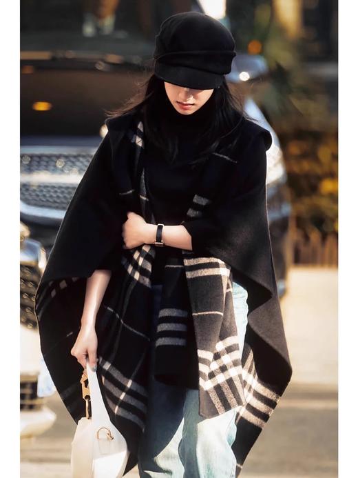 张婧仪同款黑色格纹双面呢披肩连帽外套 商品图5