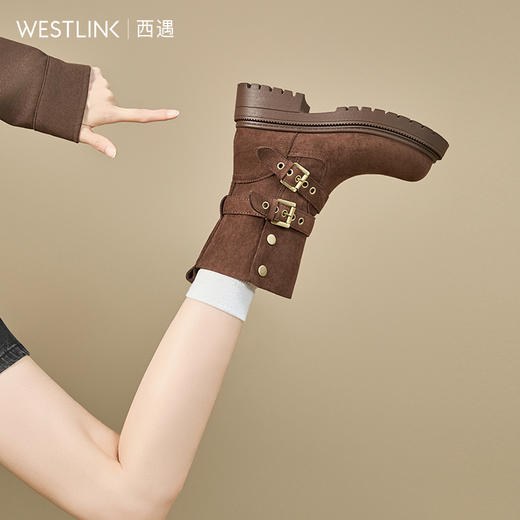 西遇厚底美拉德短靴女新款秋冬两穿翻筒绒面西部牛仔靴马丁靴V2157195 商品图2