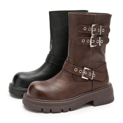 西遇厚底短靴女新款秋冬英伦风复古皮带扣机车马丁靴骑士靴子V2257273 商品图4