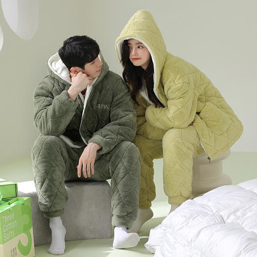 芬腾情侣睡衣冬季珊瑚绒三层加厚夹棉袄套装男女士抗菌防螨家居服 商品图0