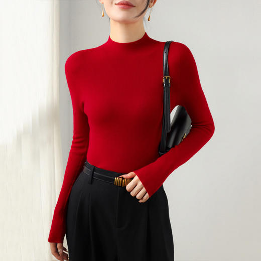 丁摩 100精纺羊毛半高领针织衫女打底衫贴身不扎毛衣62769 商品图4